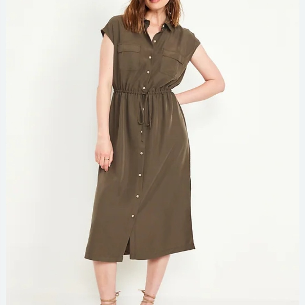 Old Navy Khaki Button-Front Midi Dress